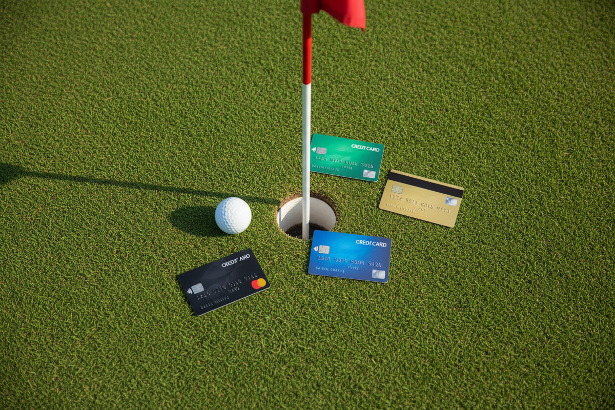 four or five bank cards placed randomly on a putting green near the hole, viewed from above so the bank cards are easily recognisible